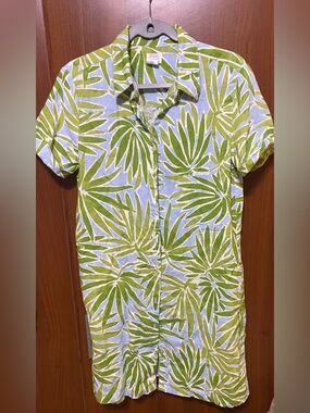 Sigrid Olsen 100% Linen Light Blue Shirt Dress Tropical Green Palm Leaf Print Sm